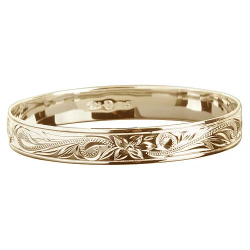 14K Gold Custom-Made Plumeria King Scroll Raise Letter Smooth Edge Bangle (Thickness 1.25mm)