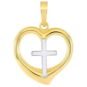 14k Two-Tone Gold Religious Cross Charm in 3D Heart Charm Pendant