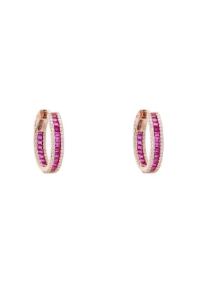 Baguette Hoop Earrings Small Rosegold Ruby Pink