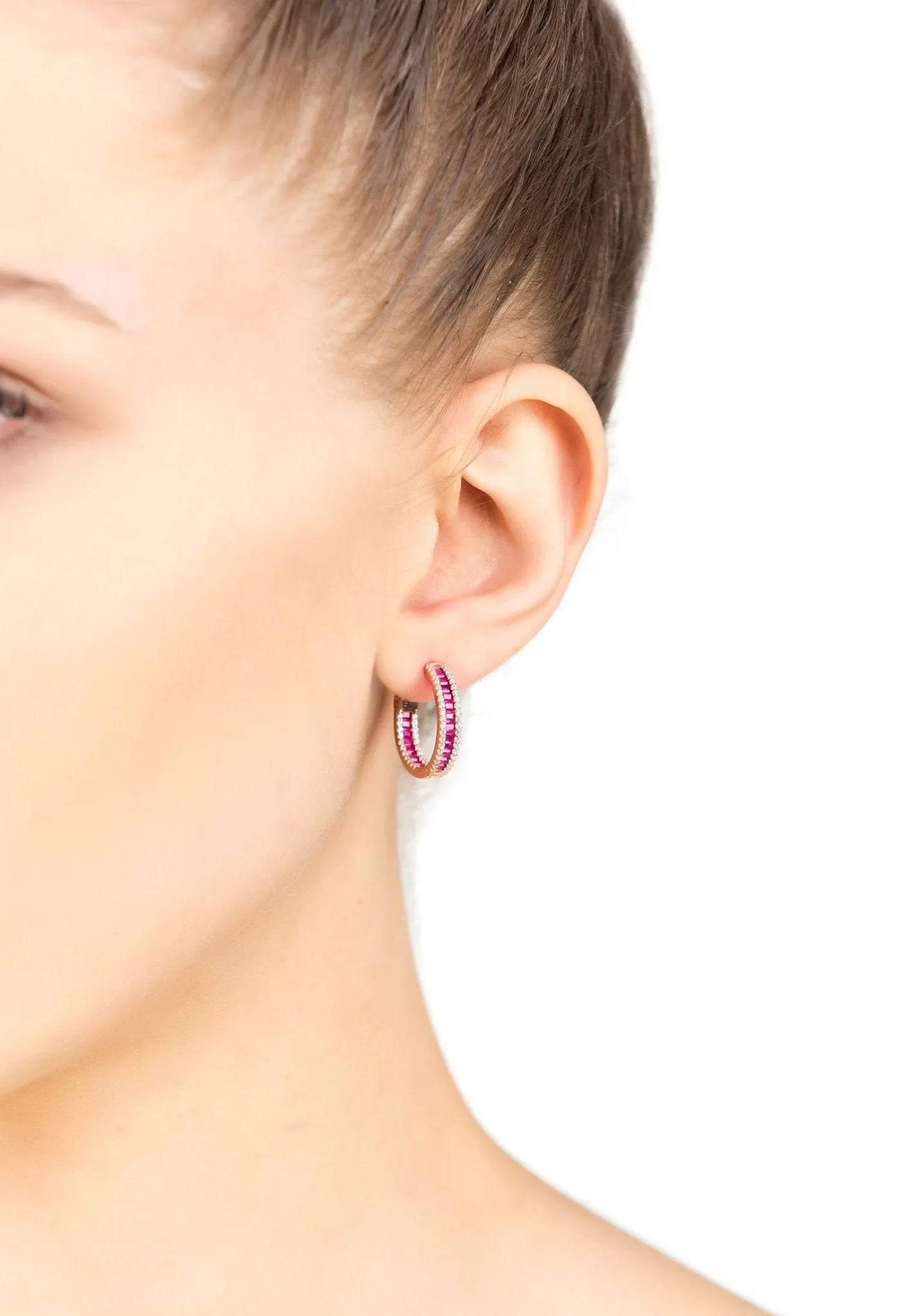 Baguette Hoop Earrings Small Rosegold Ruby Pink