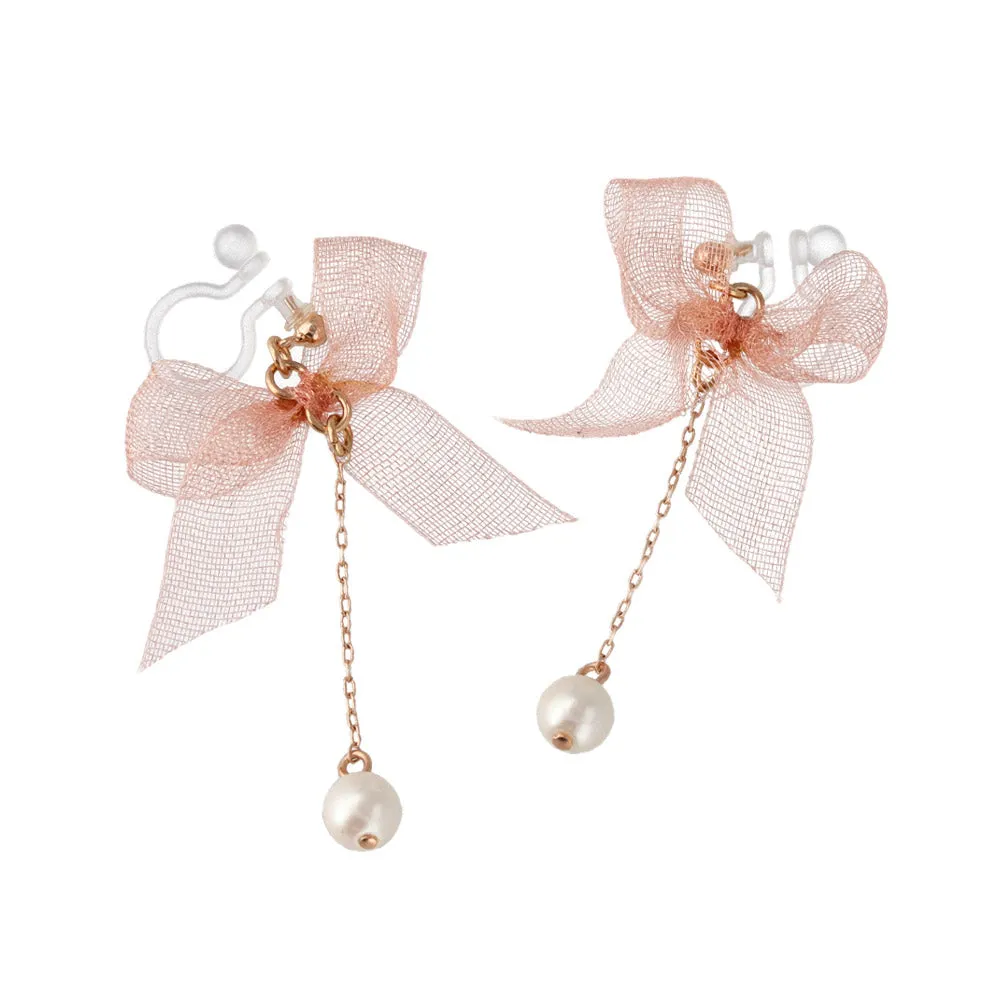 Bow and Pearl Chain Dangle Invisible Clip Ons