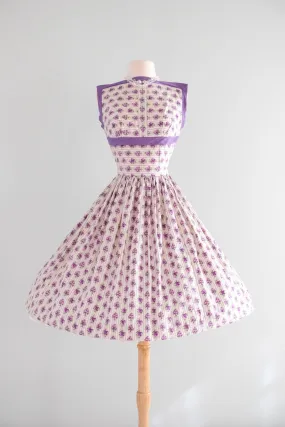 Charming 1950's Romantic Violet Rose Print Cotton Sundress By Teena Paige / Sz S