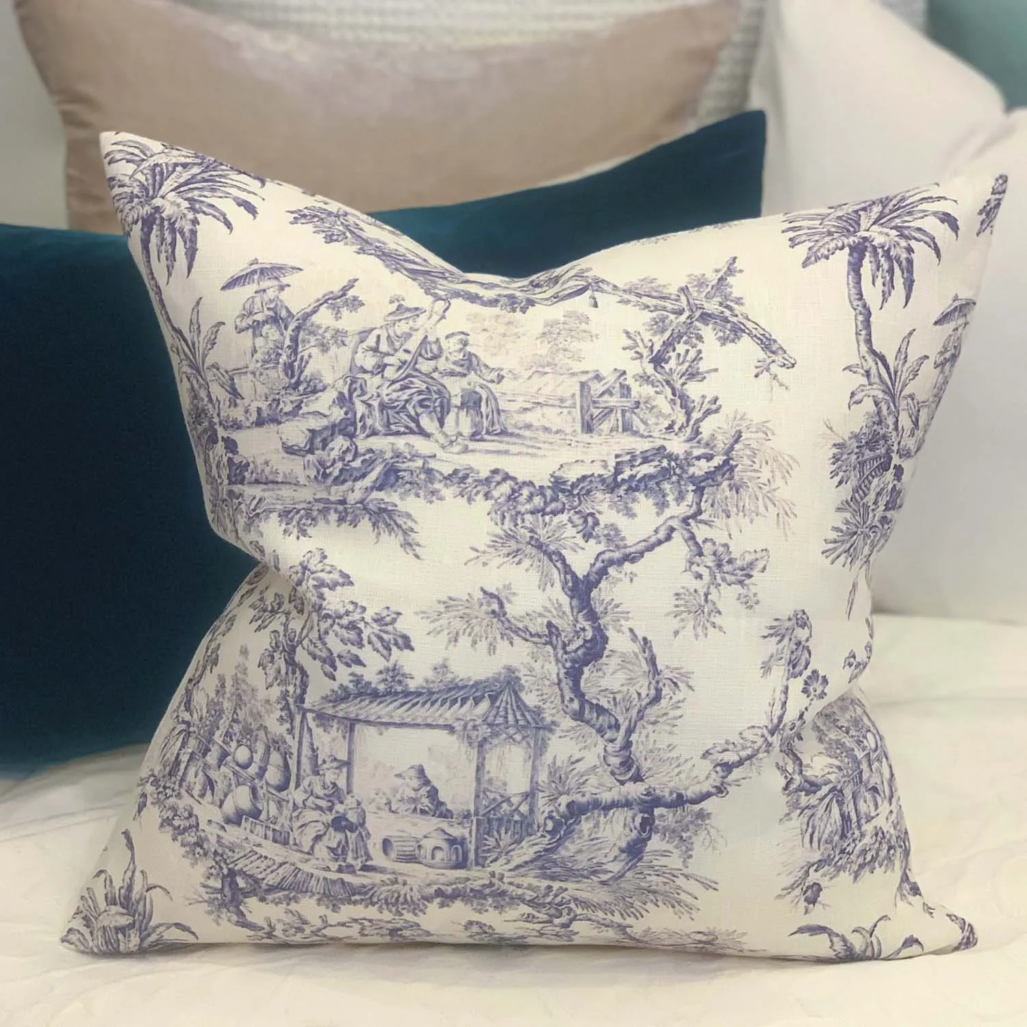 Chinoiserie blue Linen Cushion Cover