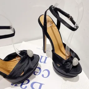 Elegant Black Peep Toe High Heel Platform Sandals with Bow Detail