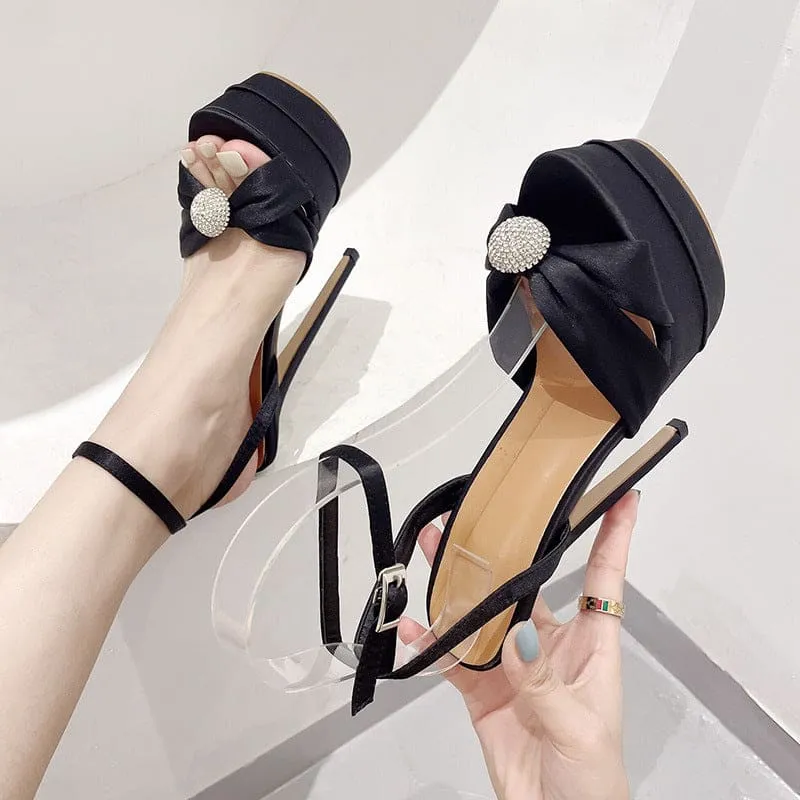 Elegant Black Peep Toe High Heel Platform Sandals with Bow Detail