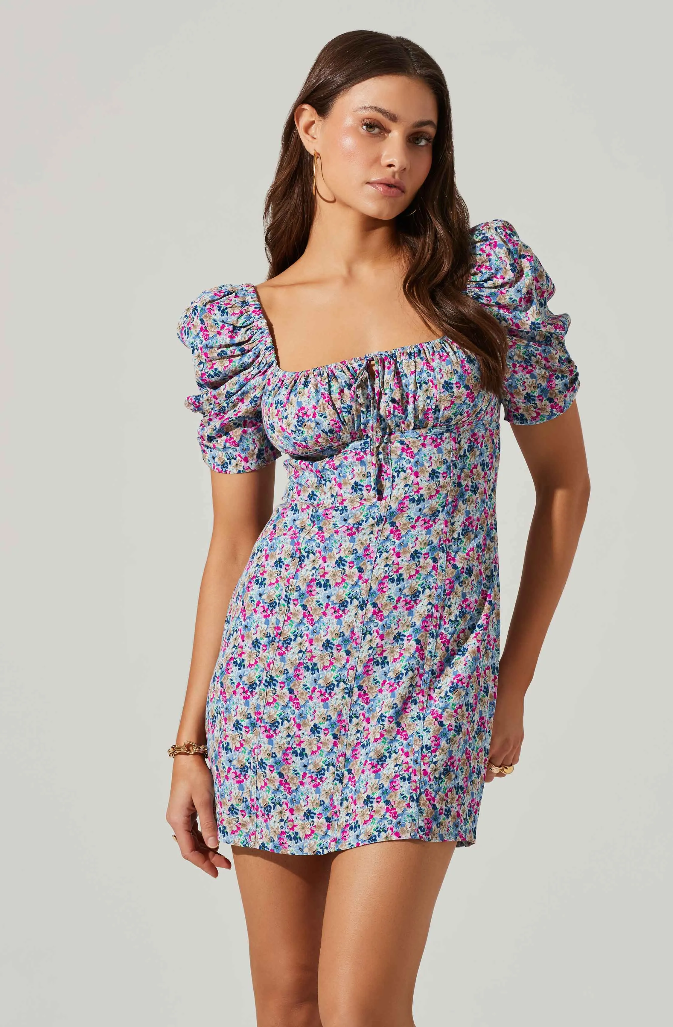 Floral Square Neck Puff Sleeve Mini Dress