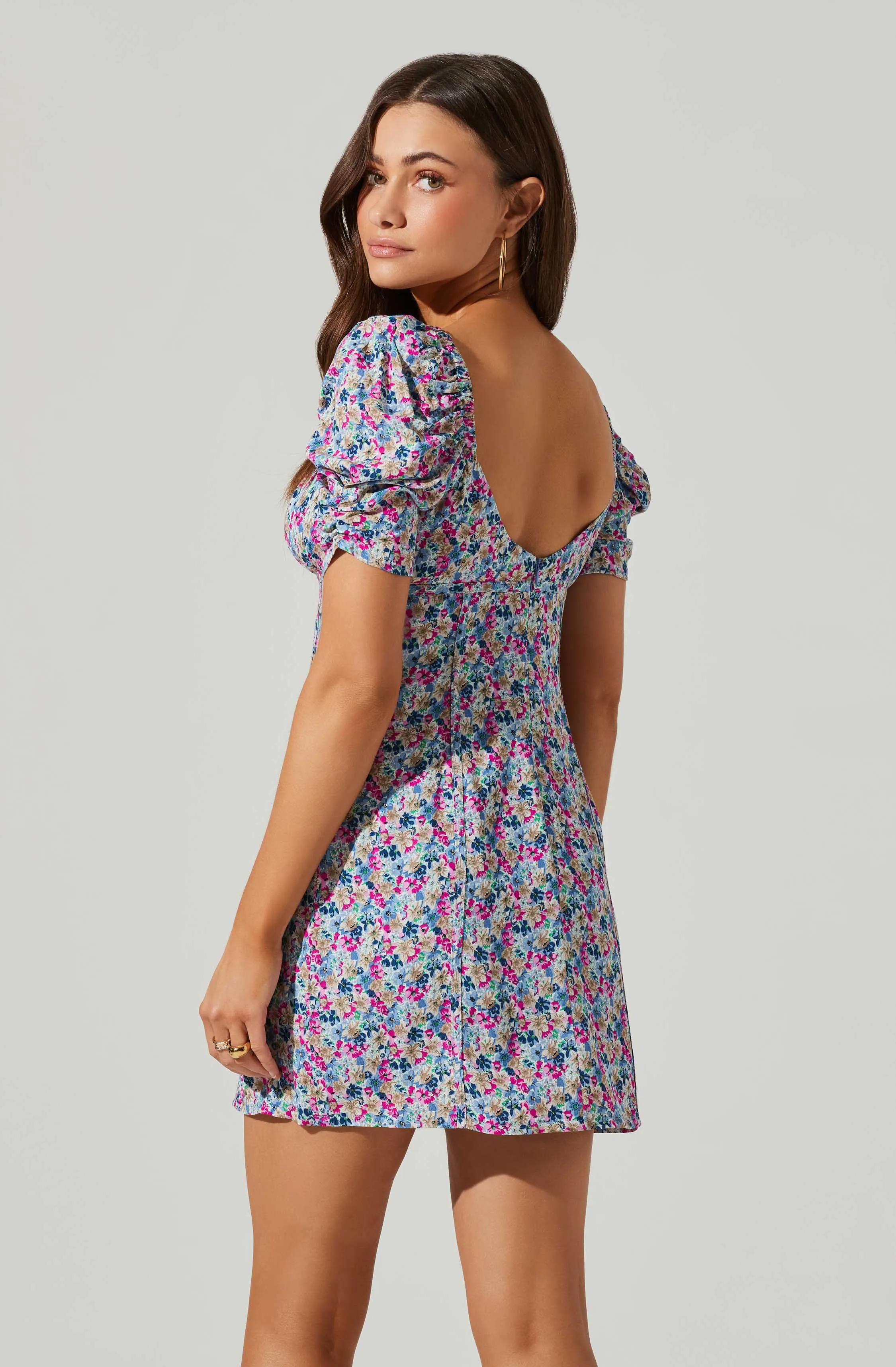 Floral Square Neck Puff Sleeve Mini Dress