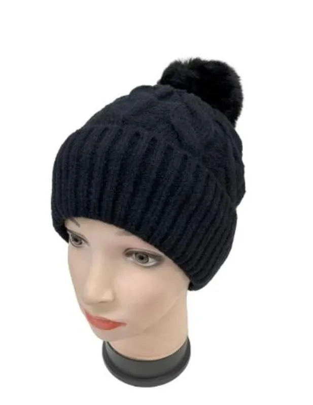 Furry Lined Hats With Pompom Beanie Women's Cable Design Hats