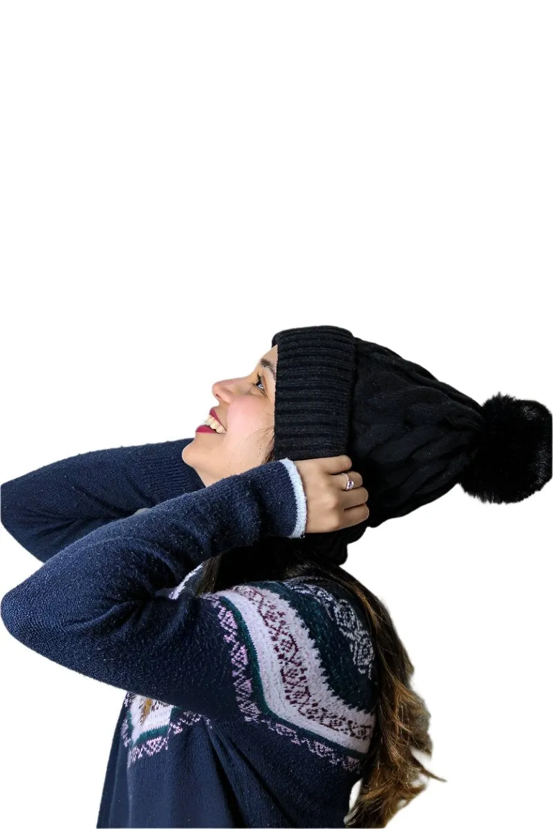 Furry Lined Hats With Pompom Beanie Women's Cable Design Hats