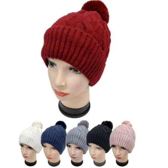 Furry Lined Hats With Pompom Beanie Women's Cable Design Hats