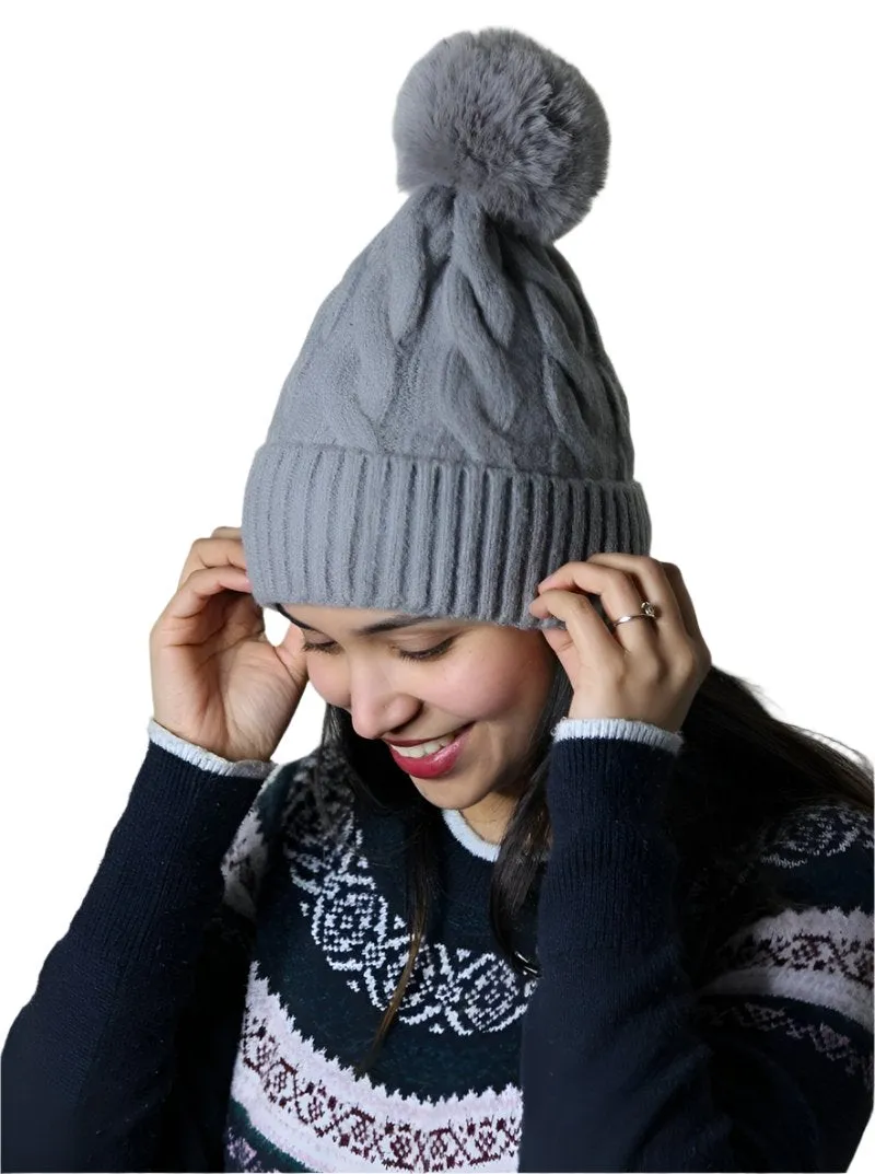 Furry Lined Hats With Pompom Beanie Women's Cable Design Hats