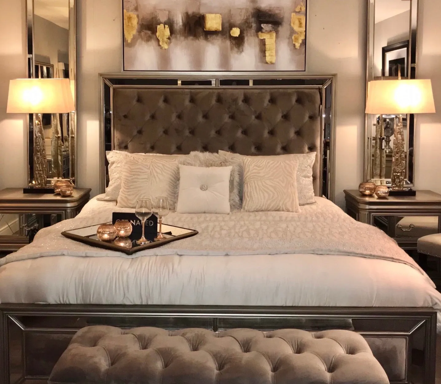 Jessica 6 ft bed in taupe velvet with tufted headboard . Super King for Master Suite ex showroom