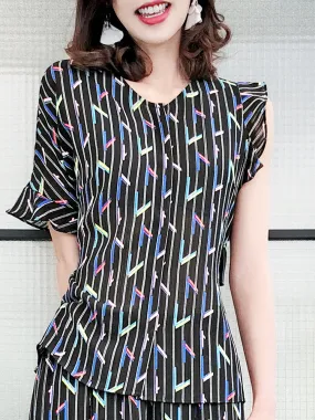 Last Chance! Black Striped Colourful Geo Asymmetrical Ruffle Open Back Blouse