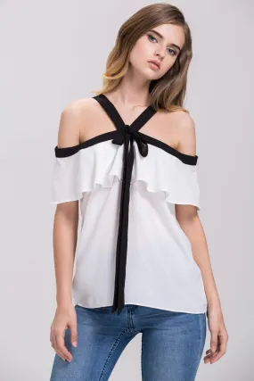 Mina Al Sheikhly - White Chiffon Ruffled Cold Shoulder Top