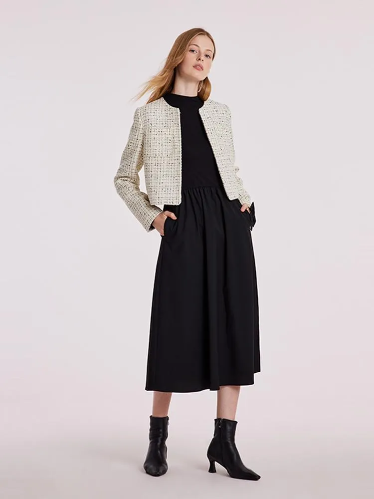 Wool Blend Tweed Short Women Jacket And Long Sleeve Dress Set